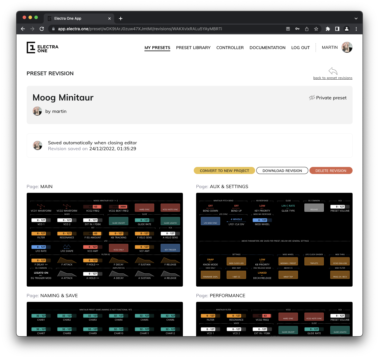 Preset revision detail
